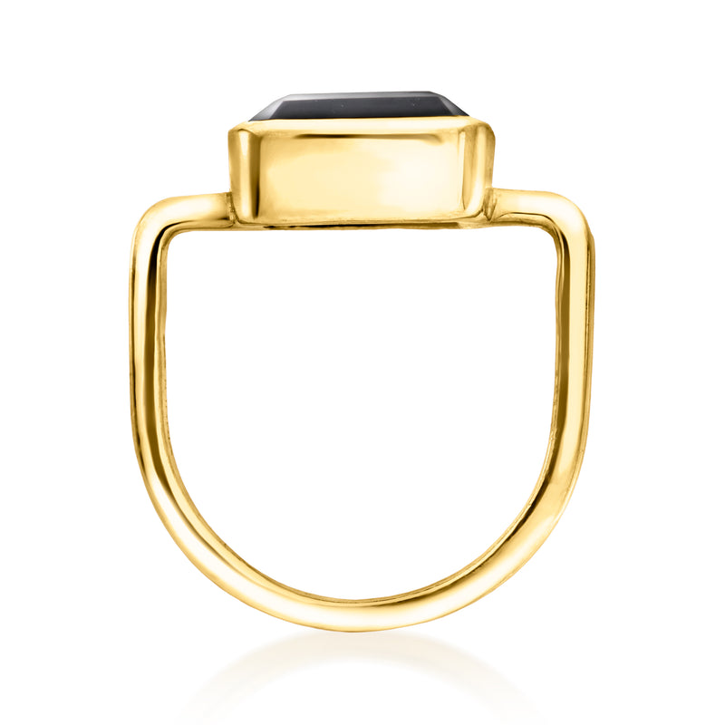 Gold over sterling onyx ring with square black gemstone bezel, open front profile.