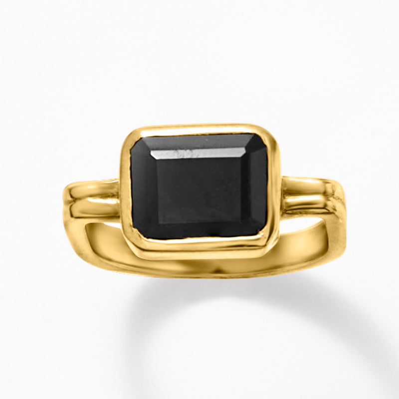 Gold over sterling ring with rectangular-square black onyx center and thick band.