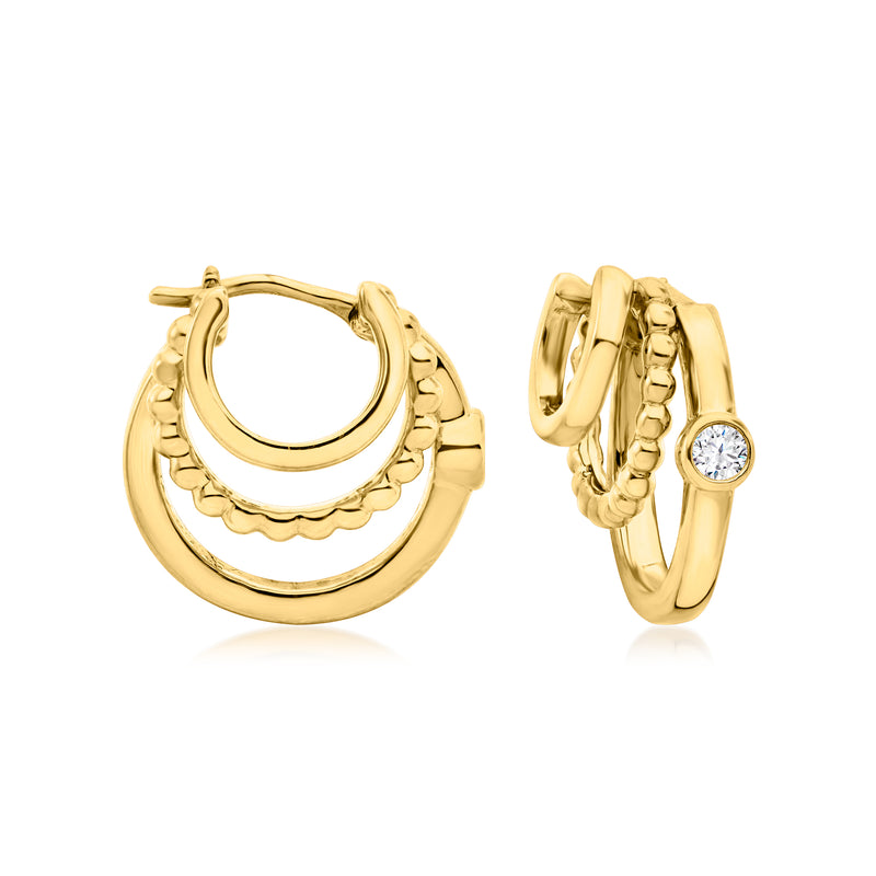 Gold multi-hoop earrings with small round diamond accents and hinged closure