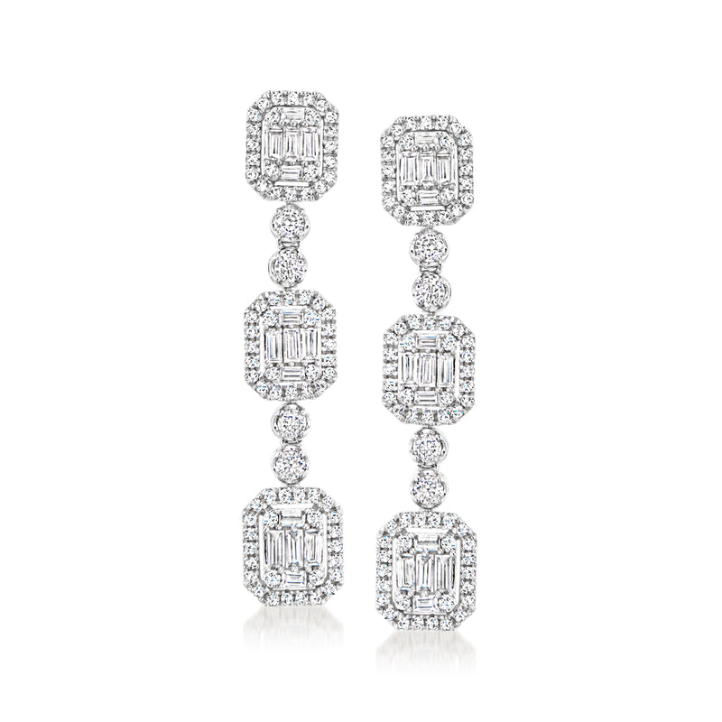 14kt white gold diamond cluster drop earrings with emerald-cut rectangles and round accents