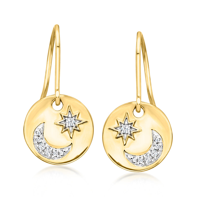14kt yellow gold moon-and-star drop earrings with diamond accents, hoop earwire