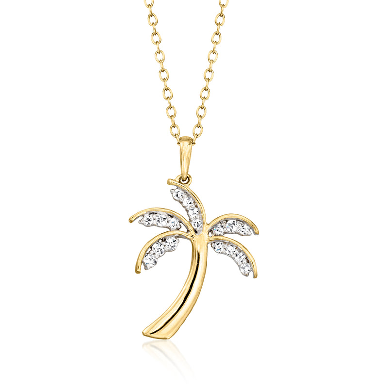 Gold palm tree pendant necklace with small round-cut diamond accents on leaf fronds
