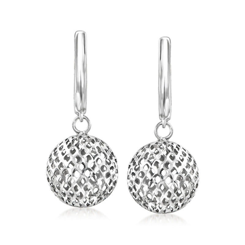 Sterling silver mesh ball hoop drop earrings with textured round dangles