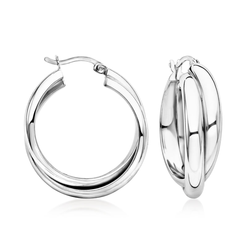 Sterling silver double-twisted hoop earrings with clasp, round profile, polished finish