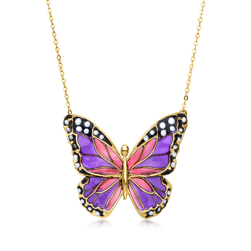 Multicolored enamel butterfly pendant necklace in yellow gold, with dangling chain
