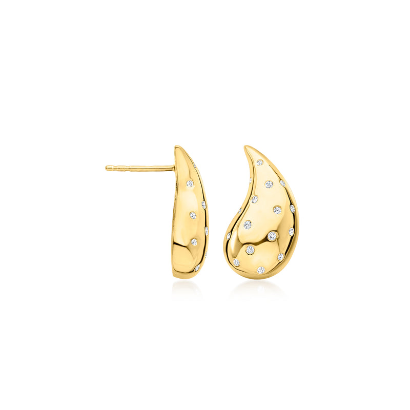 Gold teardrop drop earrings with puffy setting and small round stones