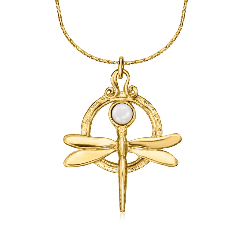 Gold dragonfly pendant necklace with round cultured pearl and openwork wings