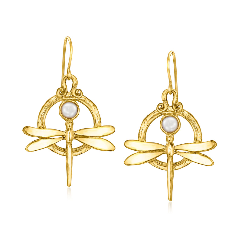 Gold dragonfly drop earrings with pearl center, hoop earwire design