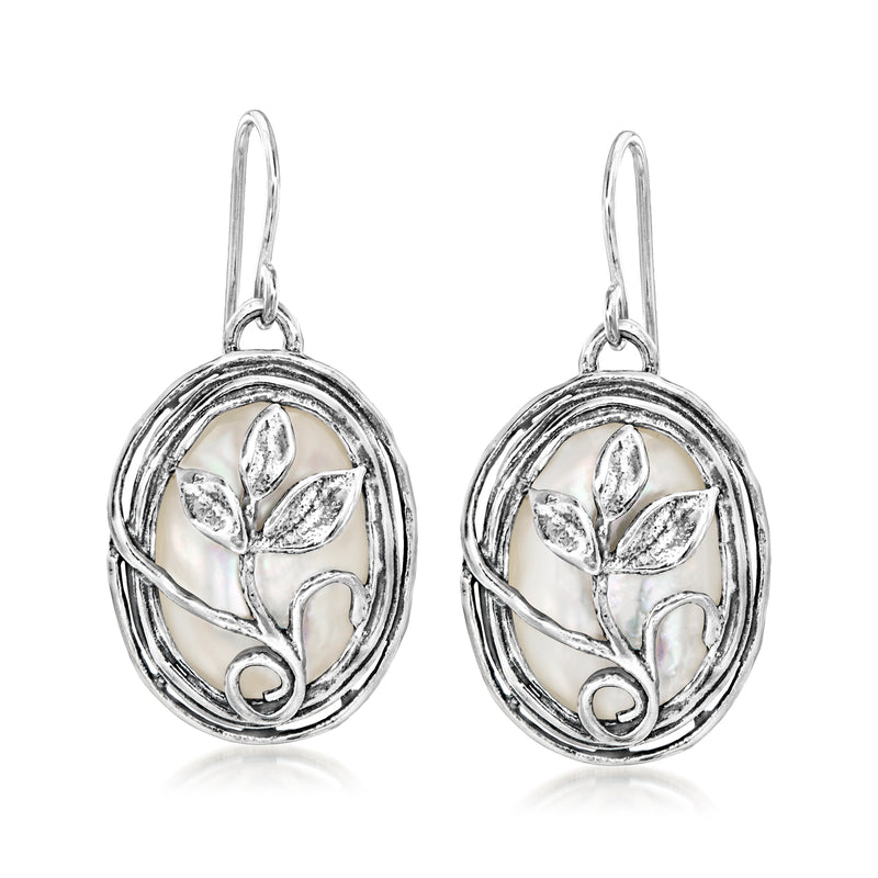 Sterling silver leaf drop earrings with white mother-of-pearl oval inlay