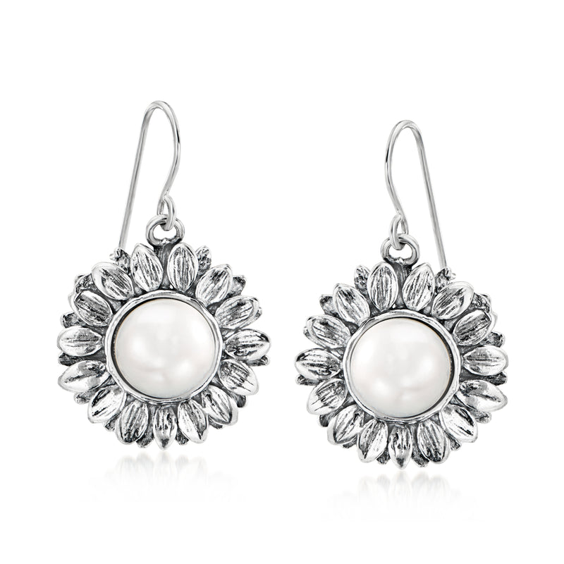 Sterling silver sunflower drop earrings with round cultured pearl center, earwire hooks