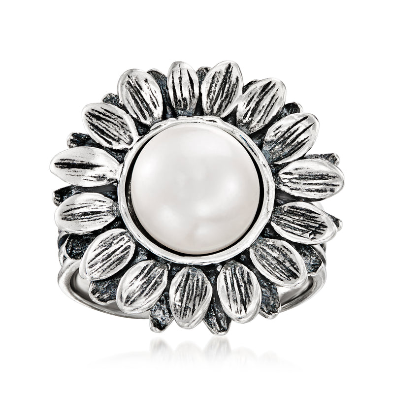Sterling silver sunflower ring with round white cultured pearl center