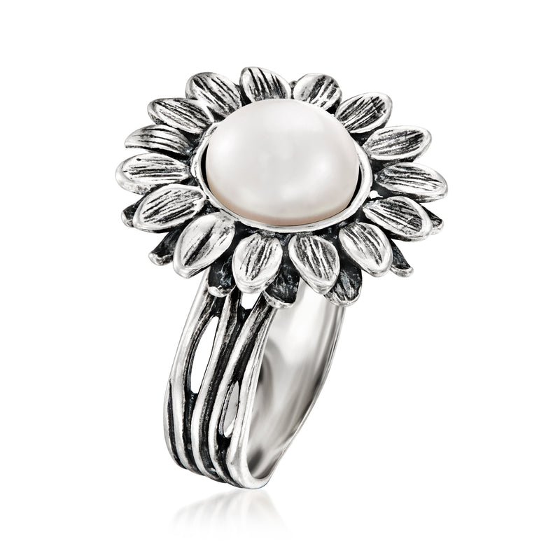 Sterling silver sunflower ring with round white pearl top and open band