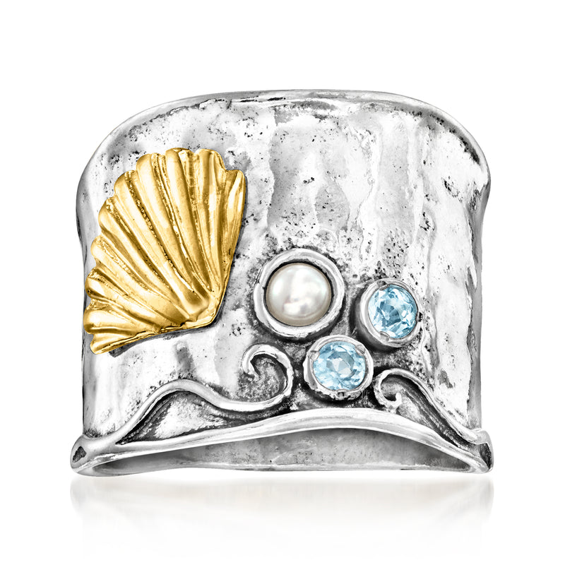 Hammered sterling silver seashell ring with gold shell, pearl, and blue topaz accents