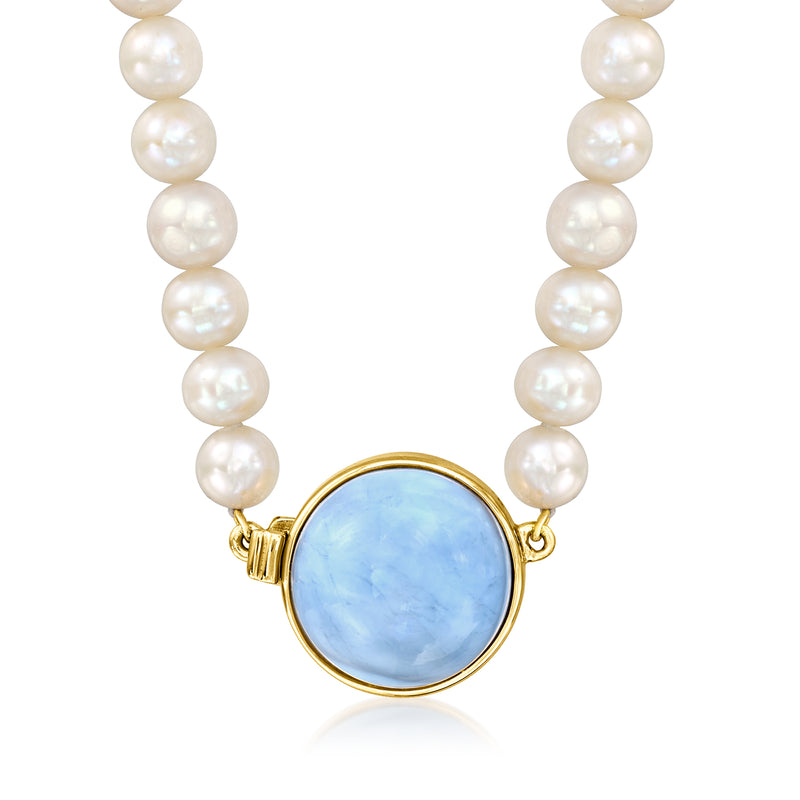 Cultured pearl necklace with round blue opal pendant in gold-tone setting