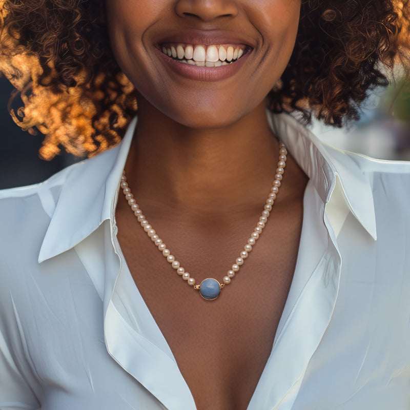 Cultured pearl necklace with blue opal charm and gold-tone beads