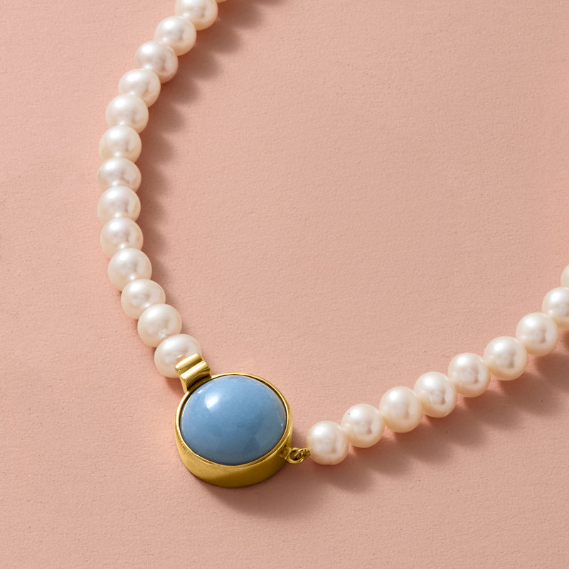 Cultured pearl necklace with gold-tone round blue opal pendant clasp