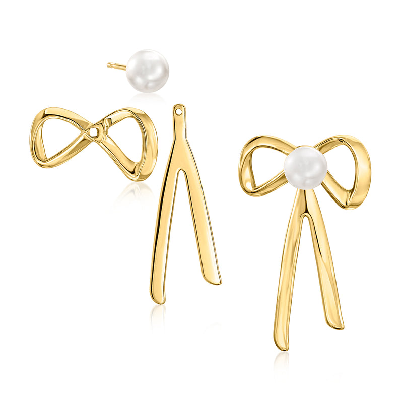 Gold bow drop earrings with cultured pearl centers and long ribbon-like drops