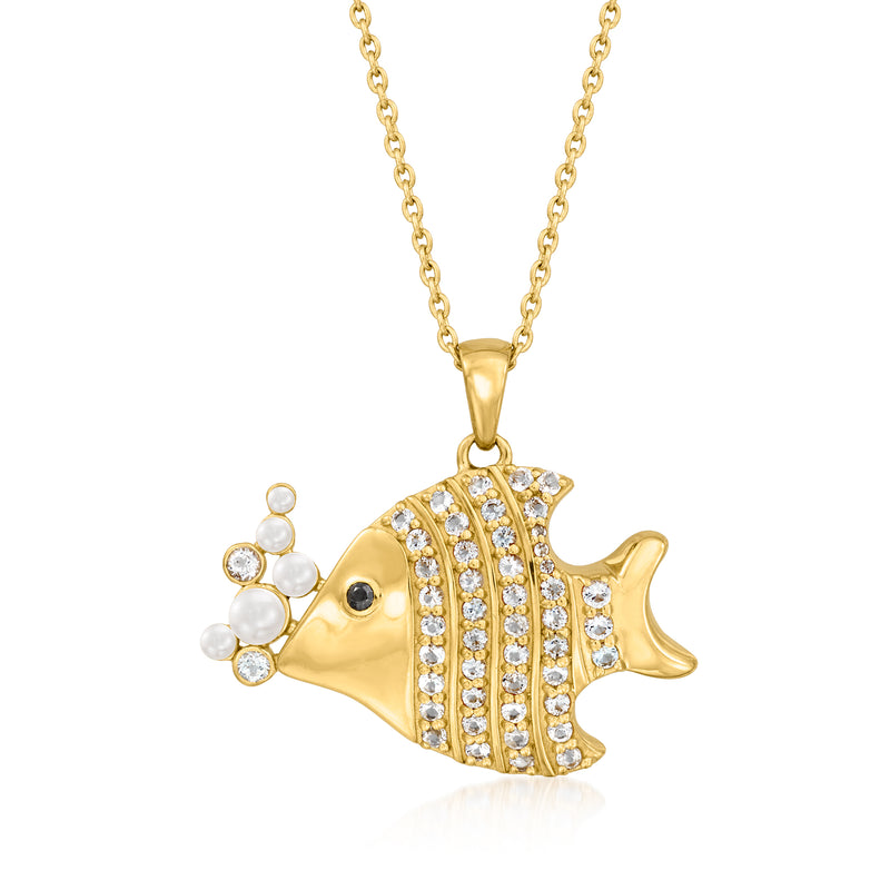 Gold fish pendant necklace with white stones, pearl accents, and black eye detail