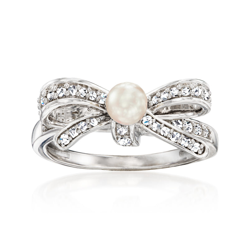 Sterling silver bow ring with cultured pearl center and diamond accents