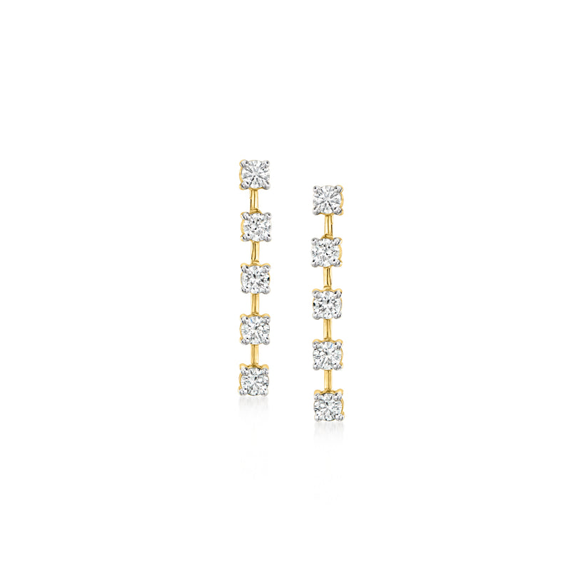 Linear drop earrings in 14kt yellow gold with five square-cut diamond stones