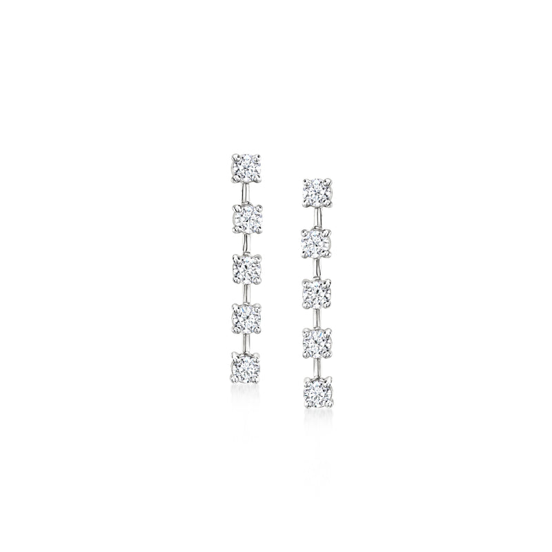 Linear drop diamond earrings with five-stone stations in 14kt white gold, prong-set