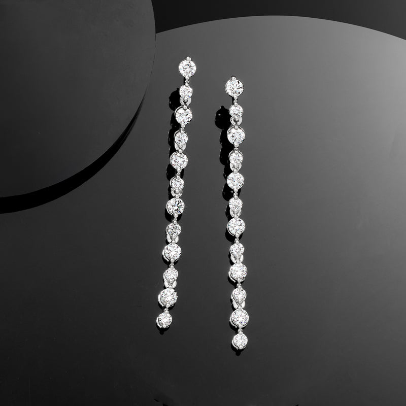 14kt white gold linear drop earrings with round diamonds, stacked drop segments