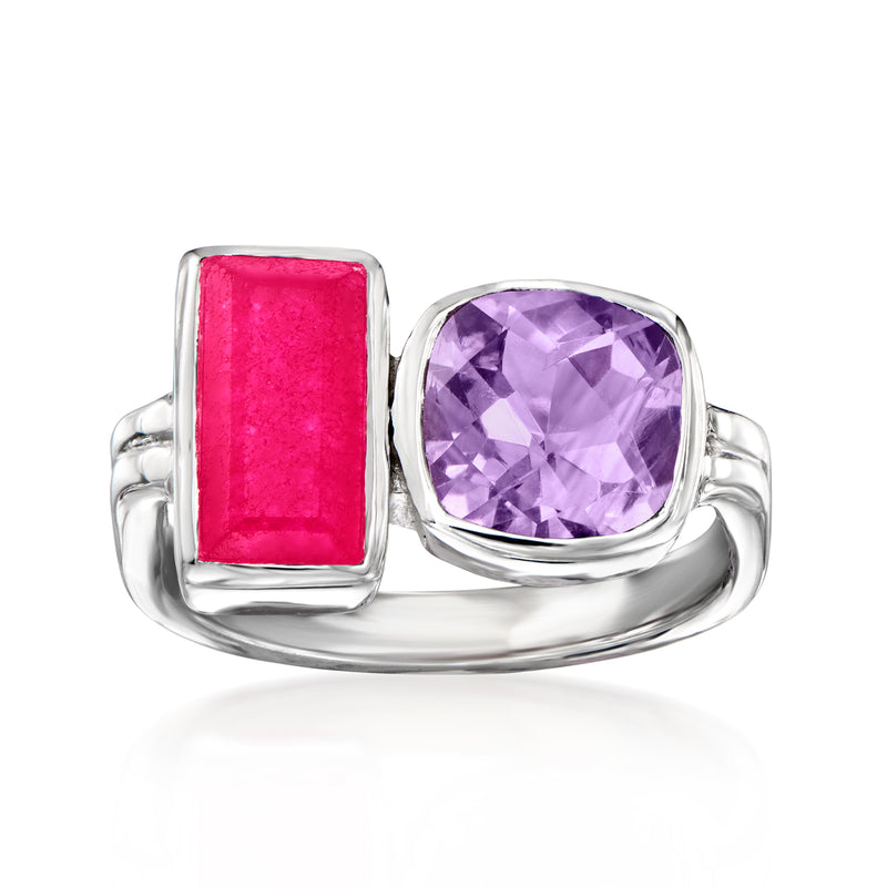 Sterling silver toi et moi ring with oval amethyst and pink rectangular quartz