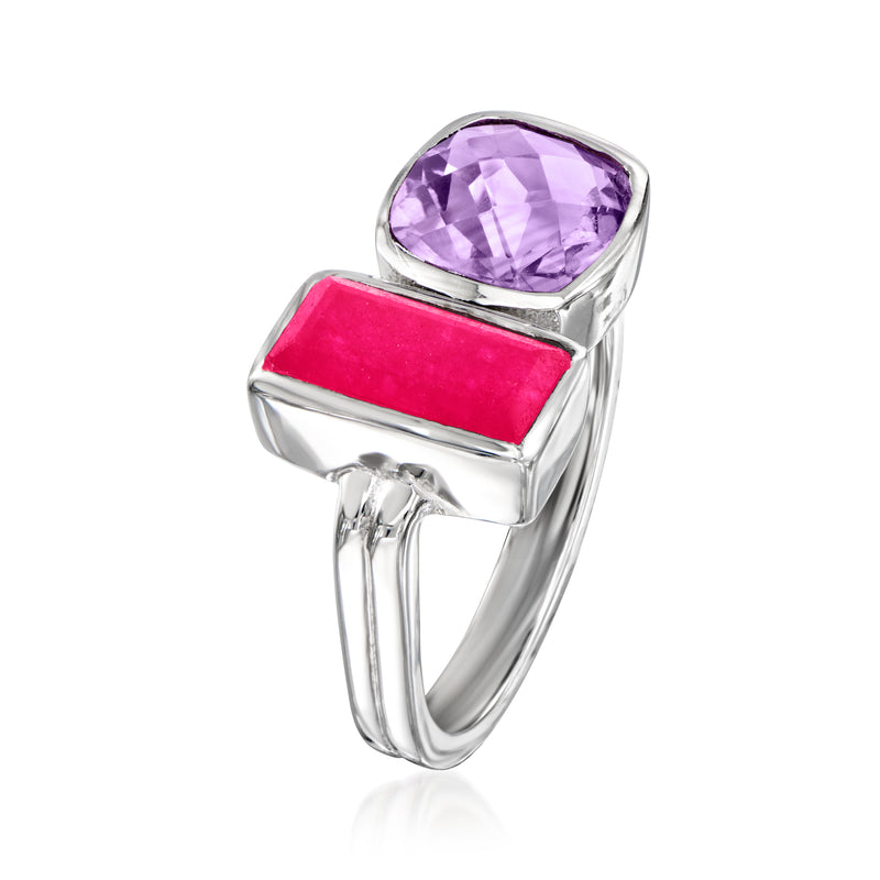 Sterling silver toi et moi ring with purple oval amethyst and hot-pink rectangular stone