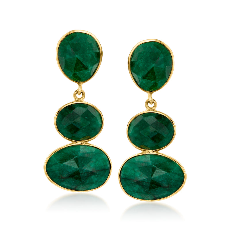 Gold-tone emerald drop earrings with three stacked green oval stones