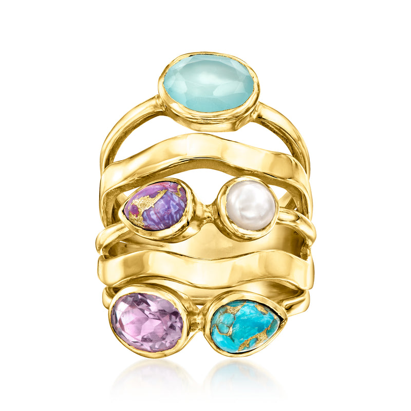Gold over sterling ring with aqua, purple, turquoise stones and a white pearl cluster.