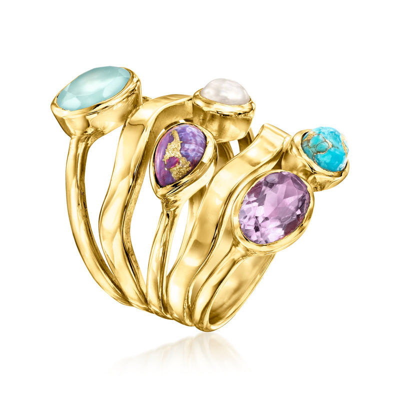 Gold over sterling multi-stone ring with aqua and white pearl accents, purple and turquoise gems.