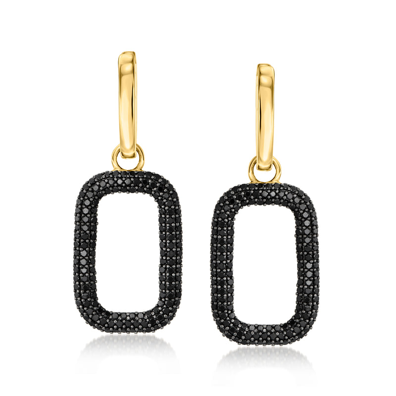 Black spinel drop earrings with gold-tone rectangular hoop frames