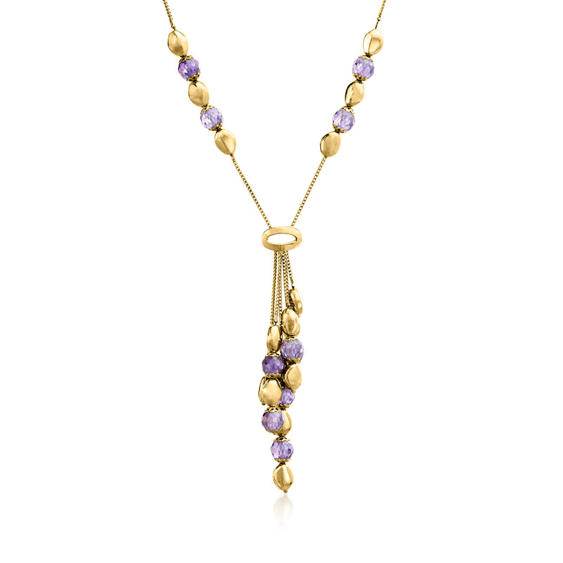 Amethyst bead Y-necklace with gold tone chain and layered purple bead drop