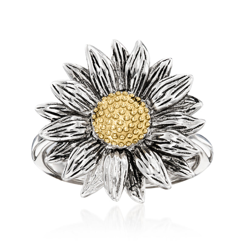 Sunflower ring in sterling silver with textured petals and yellow gold center
