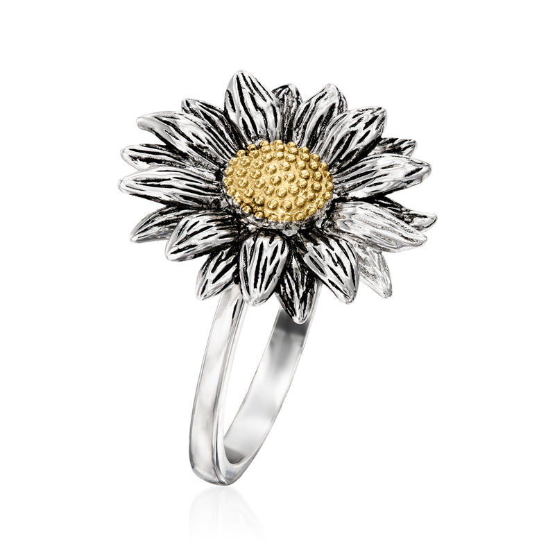 Sterling silver sunflower ring with raised petals and round yellow gold center