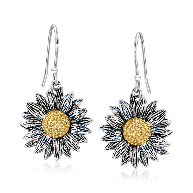 Sterling silver sunflower drop earrings with 14kt yellow gold centers, earwire.