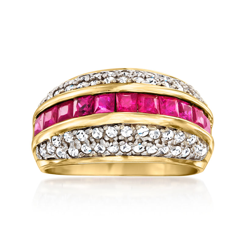 Vintage 14kt yellow gold ring with ruby row and diamond rows