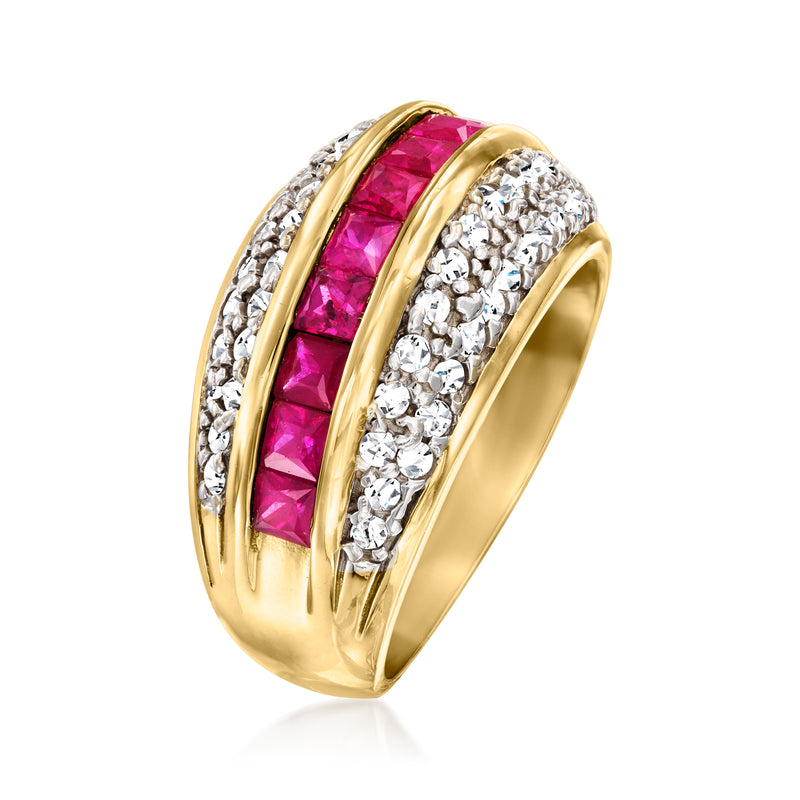 Vintage 14kt yellow gold ring with ruby center row and diamond side rows