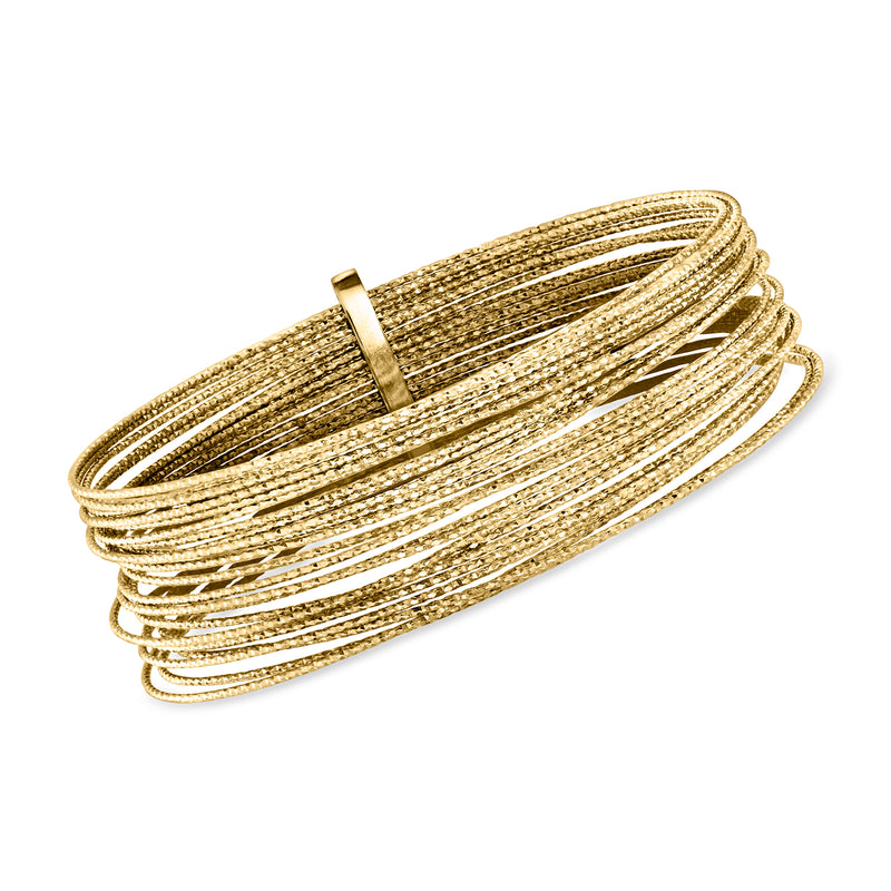 Gold multi-row bangle bracelet with ladder-like mesh texture and hinged clasp