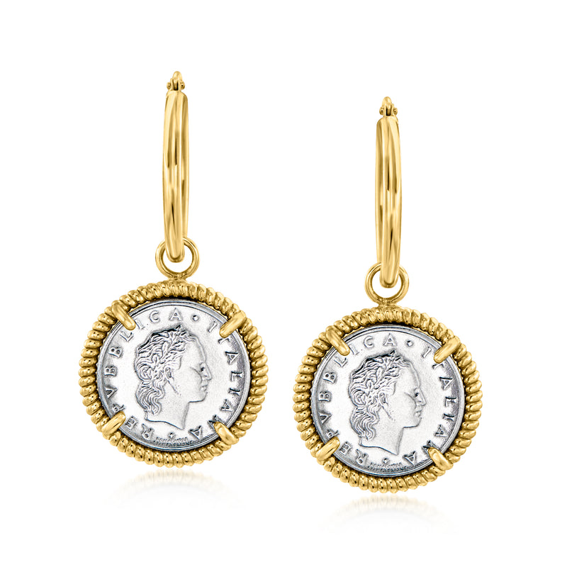 Gold-tone hoop drop earrings with oval coin charm