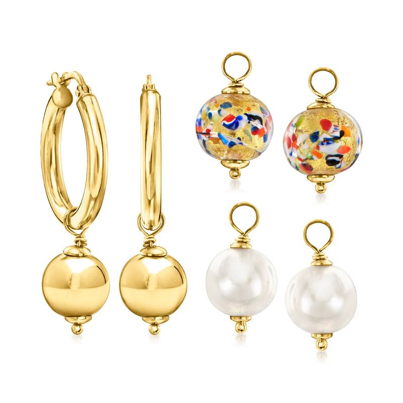 Gold over sterling hoop earrings with multicolor and white globe drops