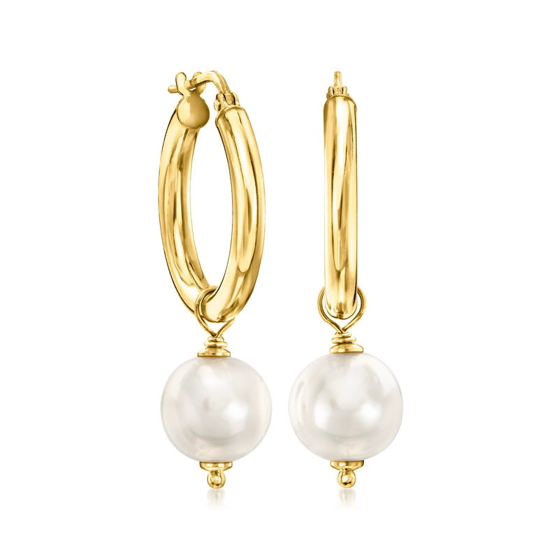 Gold over sterling hoop earrings with round white pearl-like drops