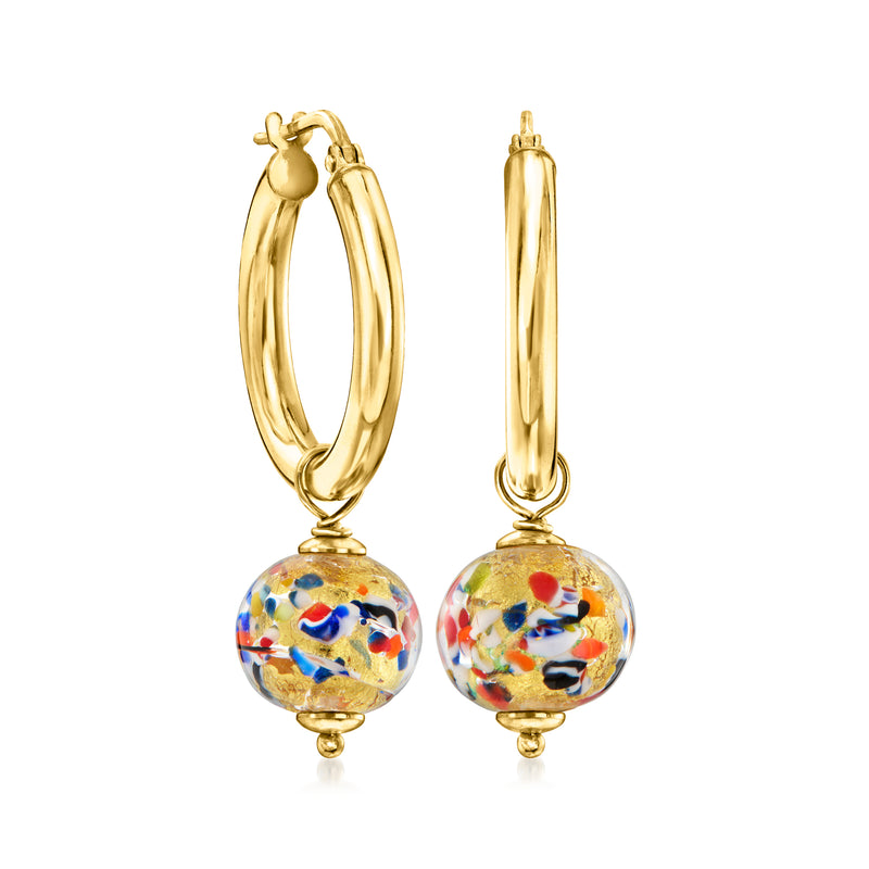 Gold over sterling hoop earrings with multicolor orb globe drops