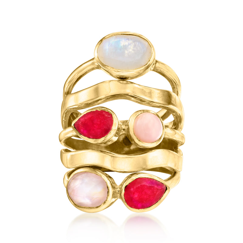 Gold over sterling multi-row ring with oval red and pink gemstones