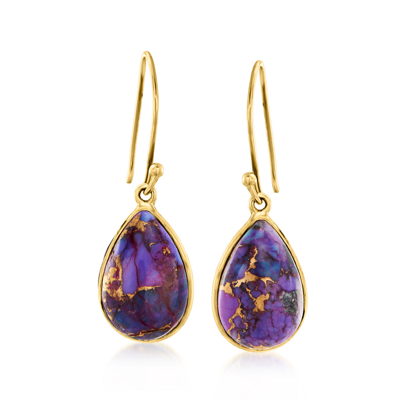 Teardrop drop earrings with purple turquoise stone in 10kt yellow gold earwires