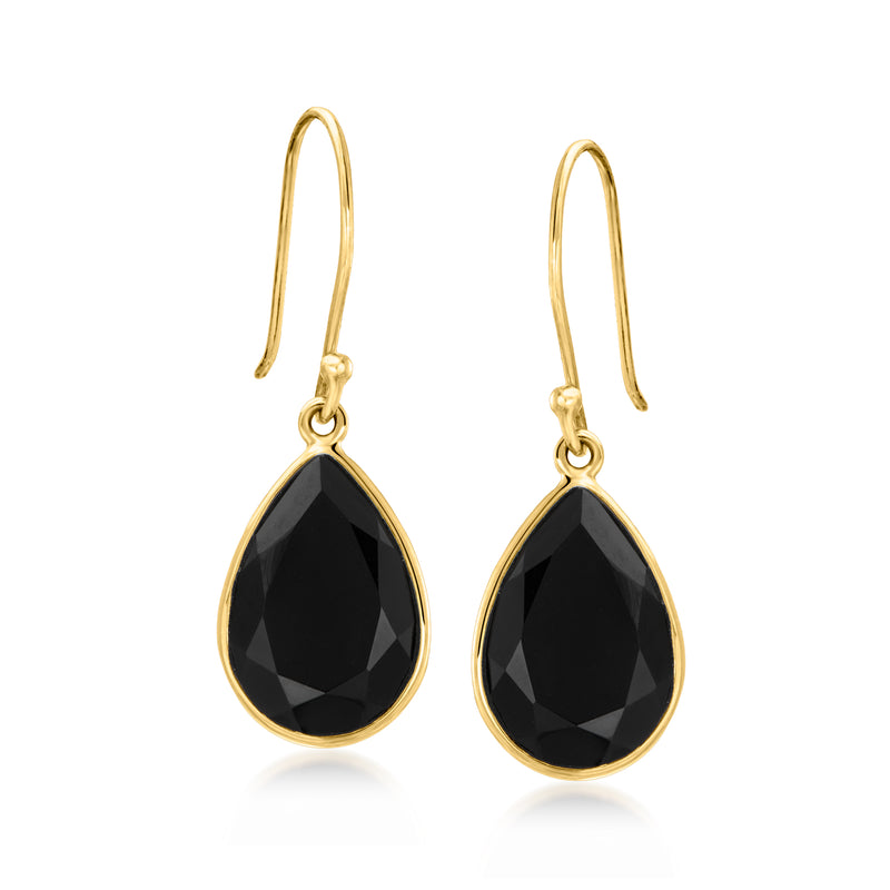 Teardrop onyx drop earrings with black stone and yellow gold earwire hooks