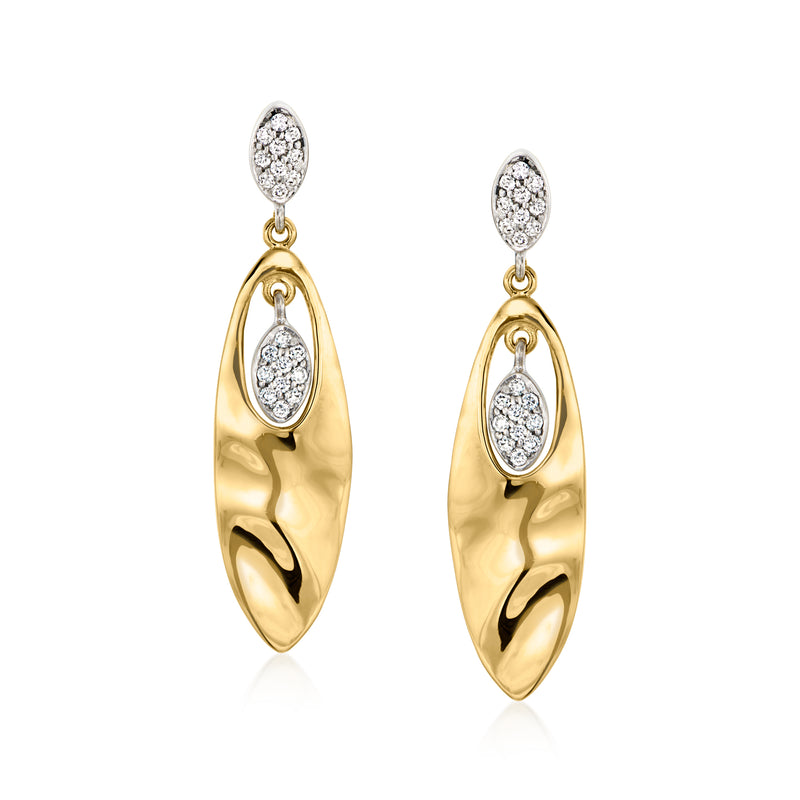 Two-tone gold marquise drop earrings with diamond accents, gold post backs