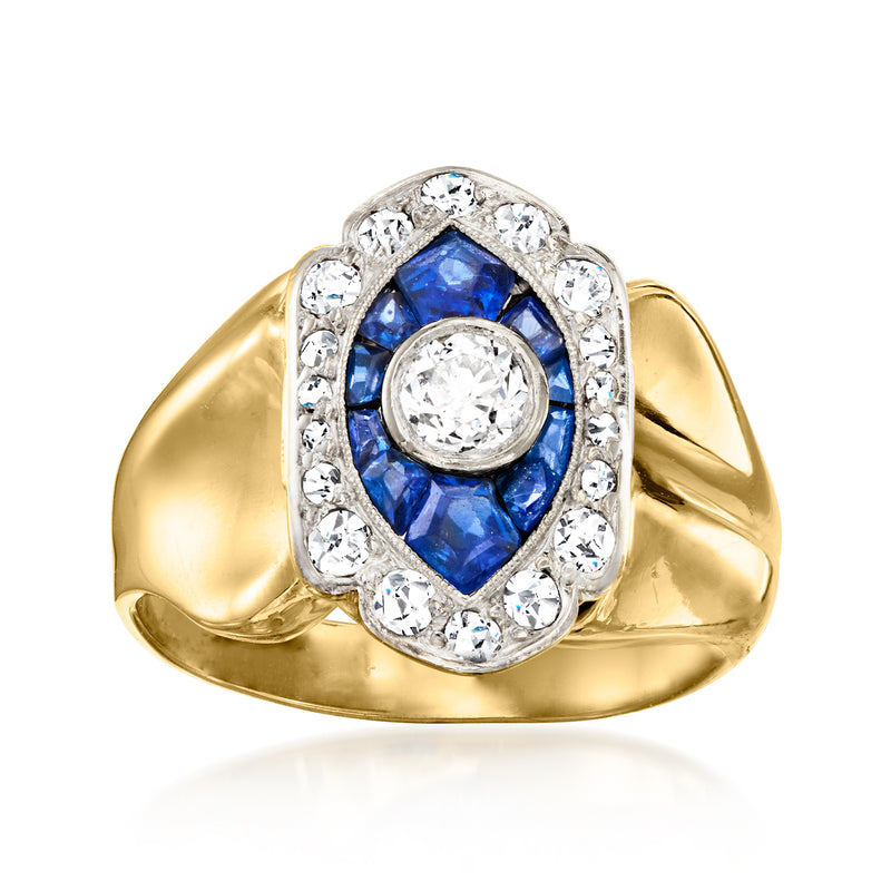 14kt yellow gold vintage ring with oval blue sapphire center and diamond halo