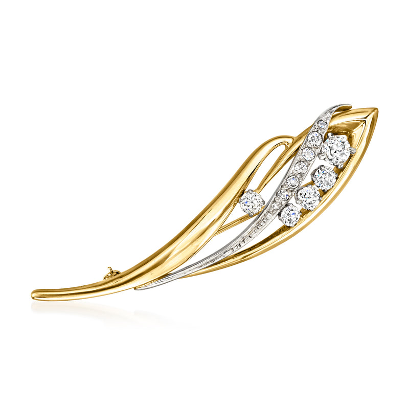 Two-tone 10kt gold curved pin with diamond cluster accents and scroll design