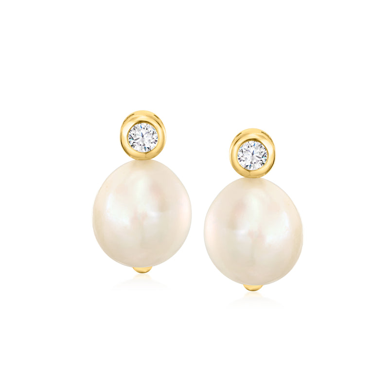 Gold drop earrings with round cultured pearl and clear CZ halo studs